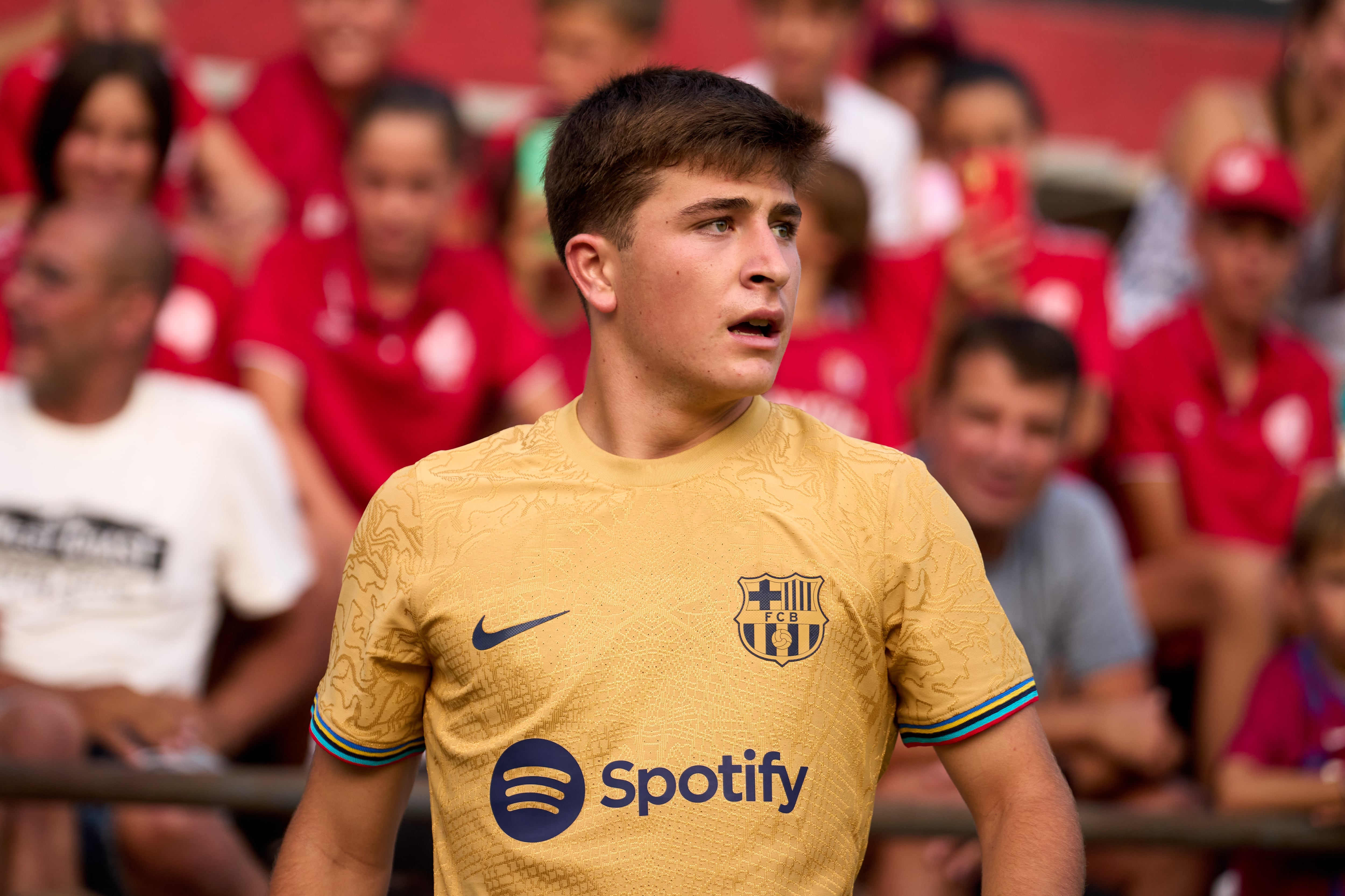 OLOT, SPAIN - JULY 13: Pablo Torre of FC Barcelona looks on during the pre-season friendly match between UE Olot and FC Barcelona at Nou Estadi Municipal on July 13, 2022 in Olot, Spain. (Photo by Alex Caparros/Getty Images)