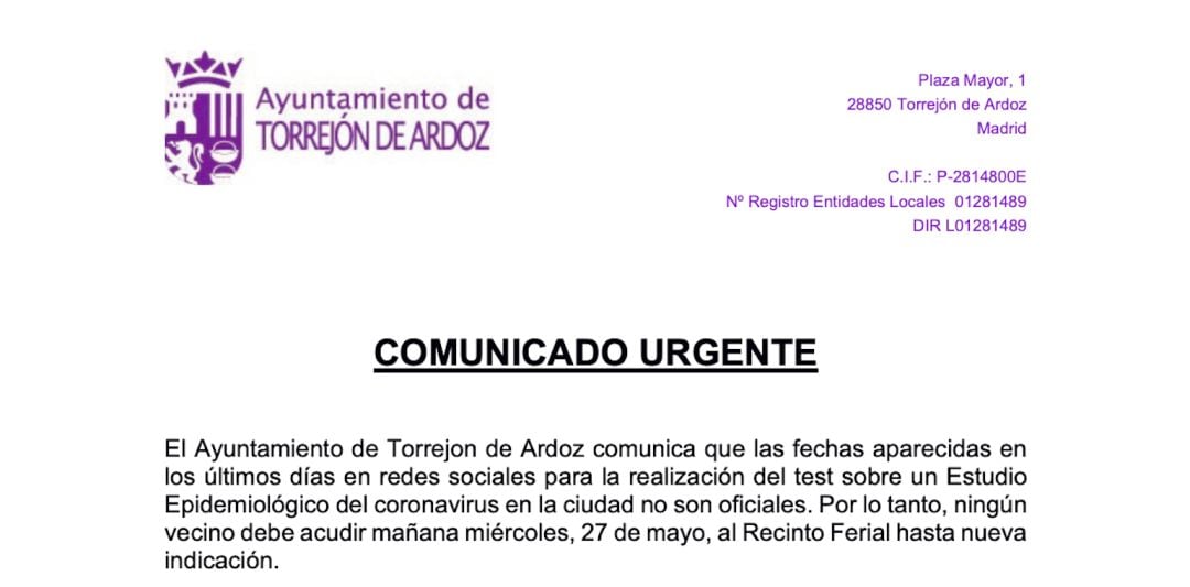 Comunicado del Ayuntamiento de Torrejón de Ardoz