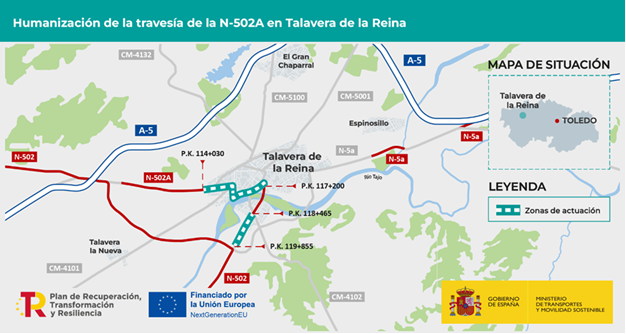 Mapa de situación sobre el Plan de Humanización en Talavera. Imagen proporcionada por el Ministerio de Transportes y Movilidad Sostenible.