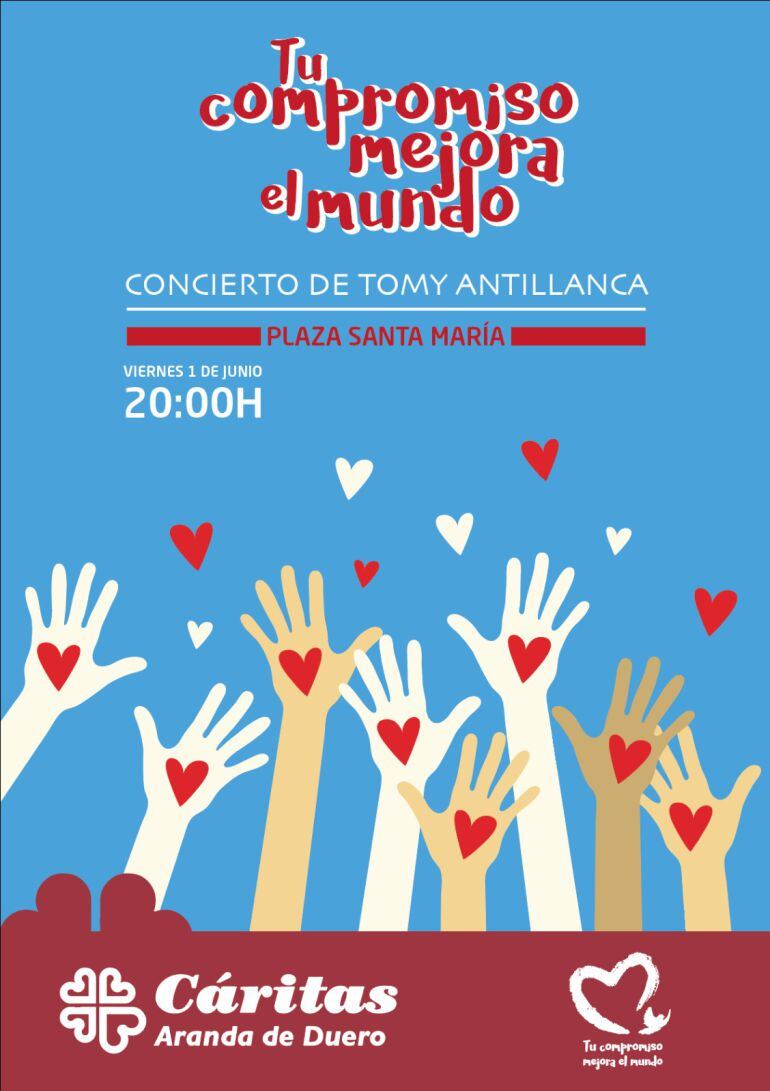 Cartel del concierto solidario organizado por Cáritas Aranda con Tomy Antillanca