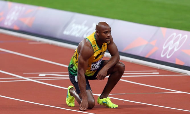 Asafa Powell, tras quedar en último lugar en la final de 100 metros en Londres 2012.