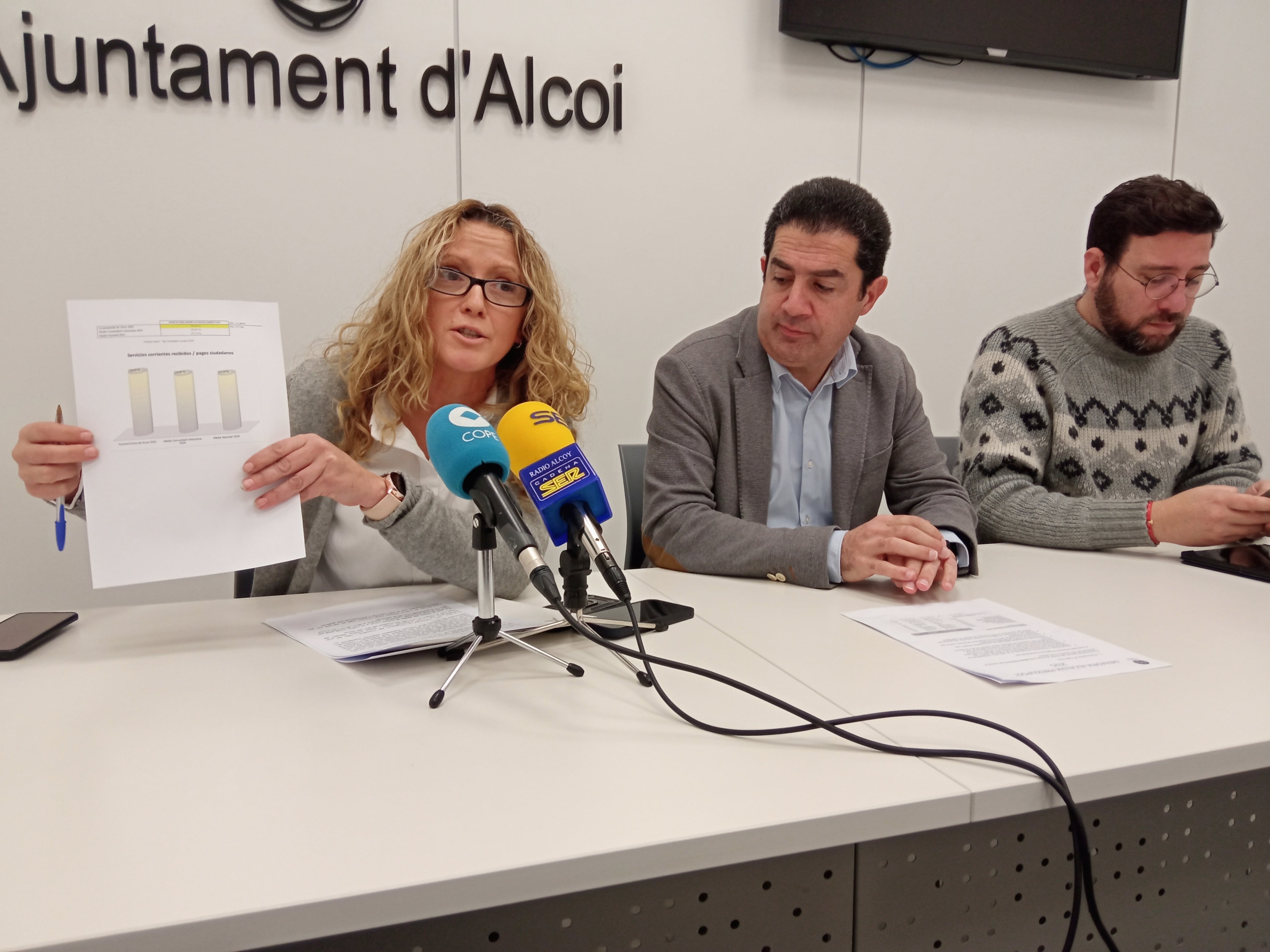 Vanessa Moltó, edil de Hacienda; Toni Francés, alcalde de Alcoy; y Àlex Cerradelo, vicealcalde de Alcoy presentando los presupuestos de 2025.