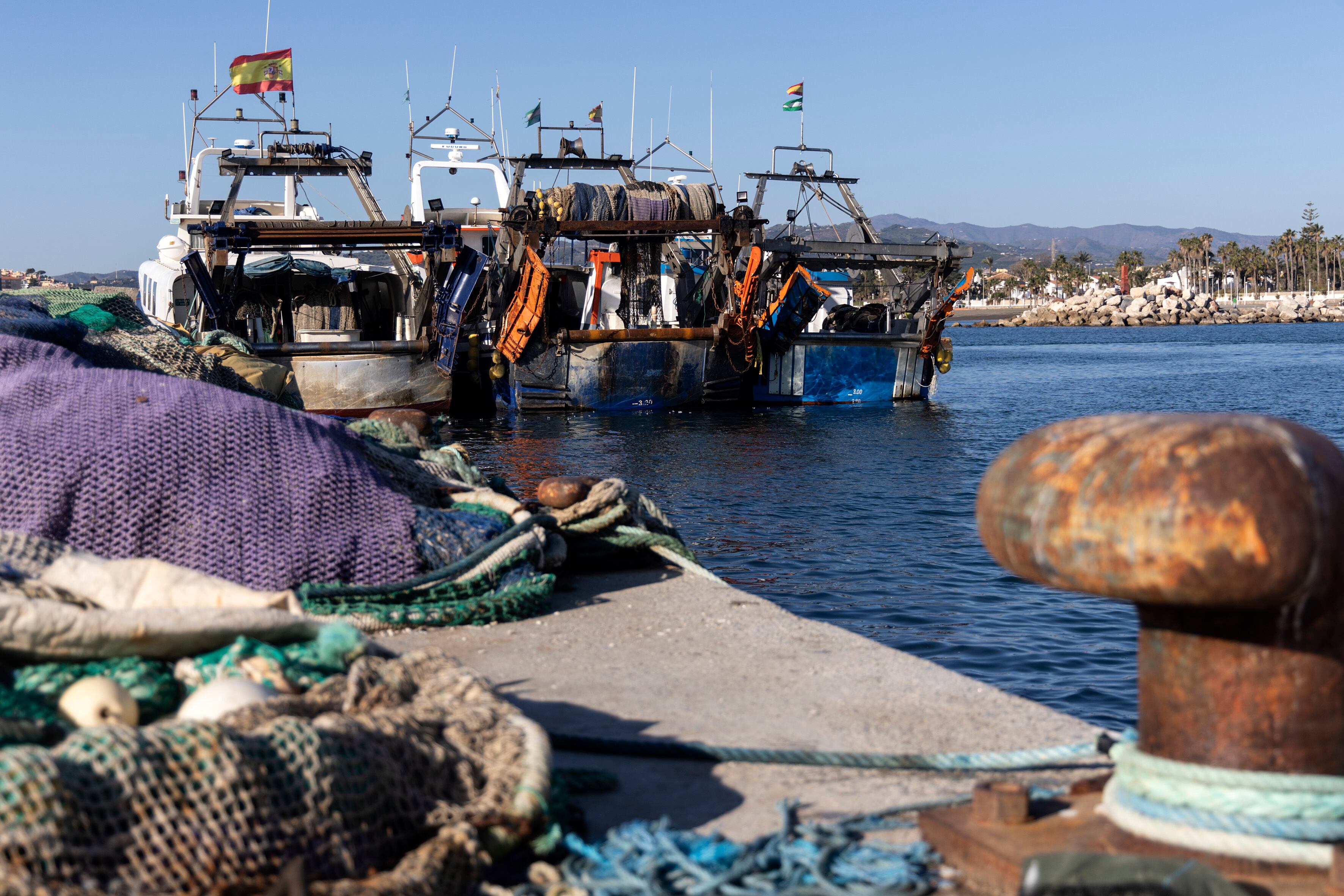 VÉLEZ-MÁLAGA, 02/01/2025.- Varios barcos de pesca en el Puerto de la Caleta de Vélez permanecen amarrados durante la parada que los pescadores andaluces de la modalidad de arrastre han iniciado hoy en protesta por los recortes de días en los que poder faenar que impuso la Unión Europea (UE). EFE/Daniel Pérez
