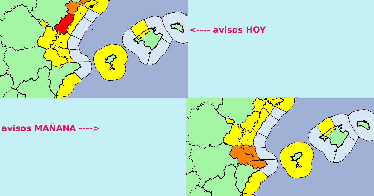 Avisos de la AEMET para este lunes 3 y martes 4 de marzo. Fuente: AEMET Comunitat Valenciana
