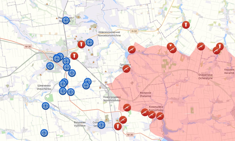 Avance ruso (en rojo) sobre la ciudad de Prokovsk (situada donde los círculos azules)