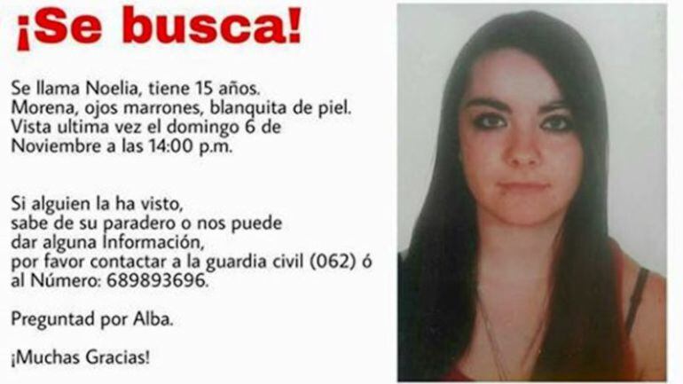 La familia de Noelia ha publicado este cartel para intentar localizar a la chica
