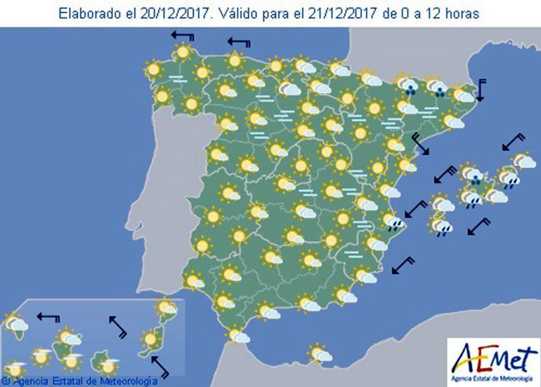 Mapa elaborado por la AEMET para el día 21 de diciembre del 2017 de 0 a 12 horas.