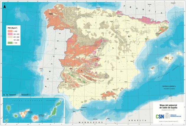 Mapa del potencial de radón en España.