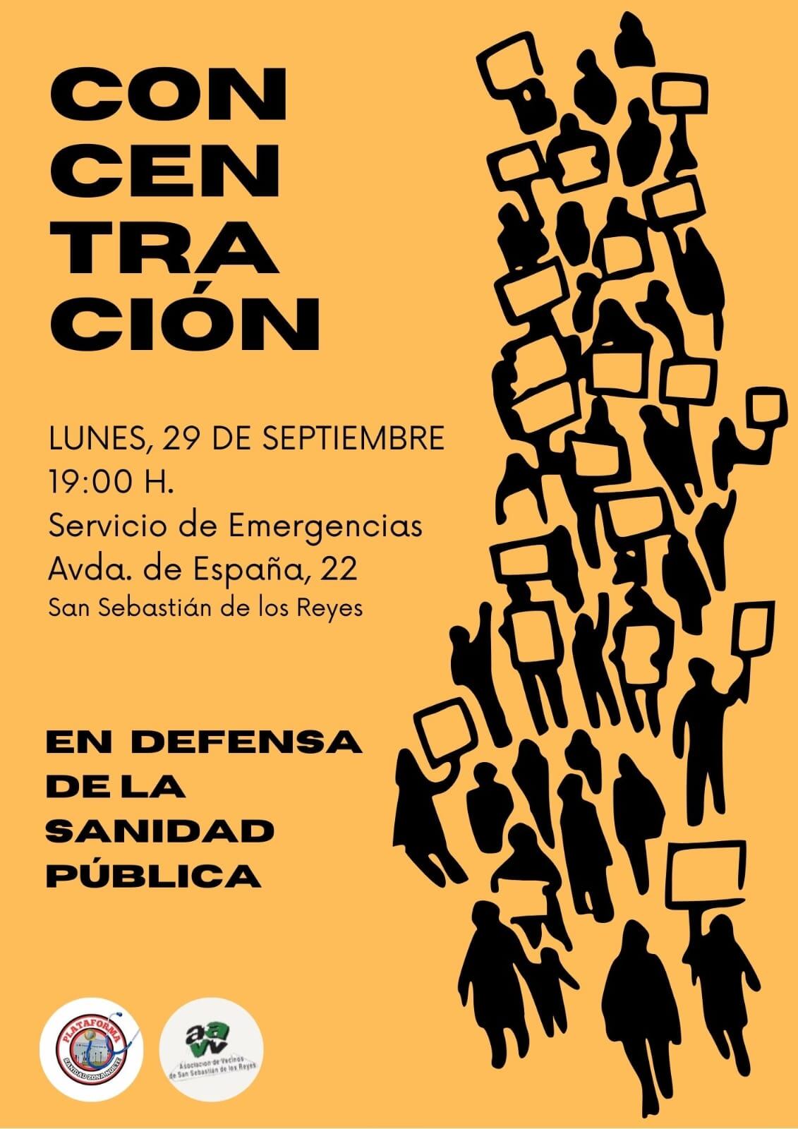 Cartel de la convocatoria de concentración por la sanidad pública en el PAC de San Sebastián de los Reyes y Alcobendas