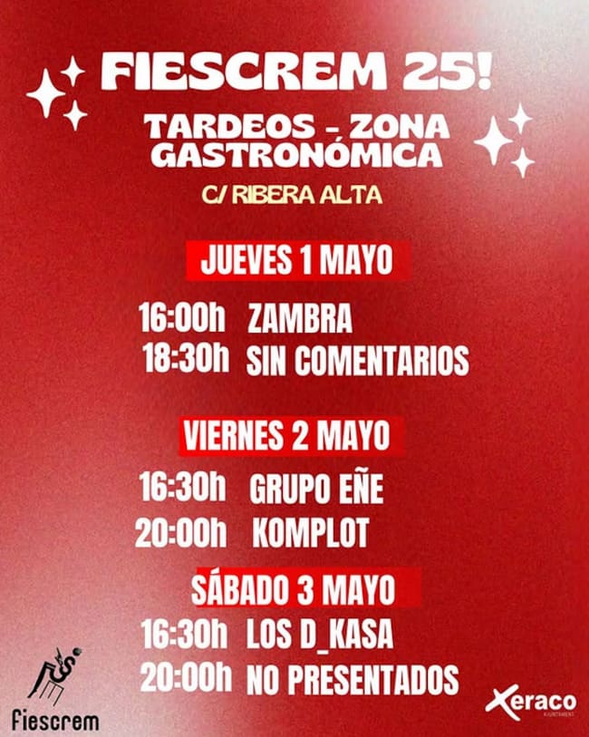 Cartel de las actuaciones en directo del Fiescrem 2025