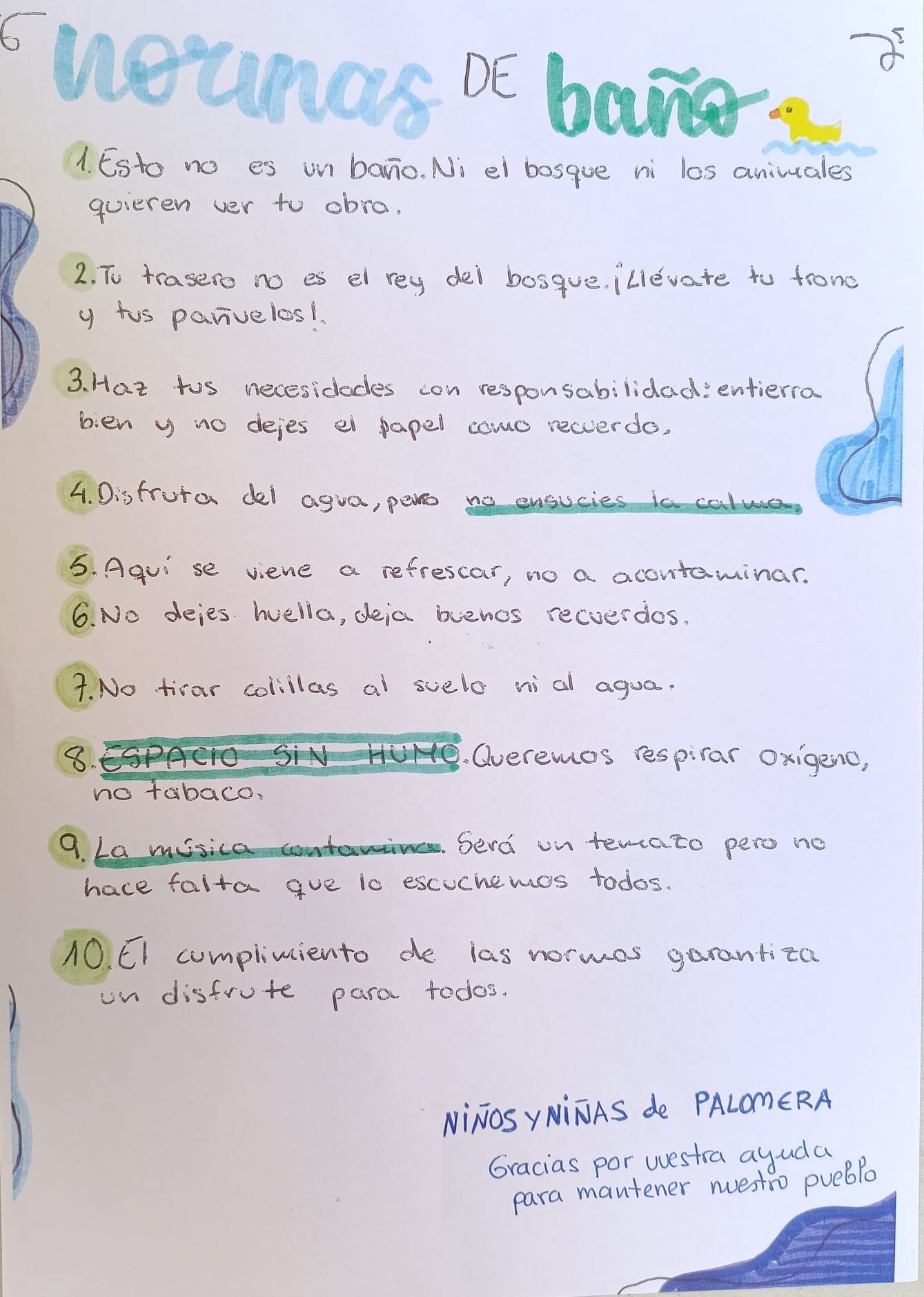 Cartel con las normas de baño propuestas por los niños y niñas de Palomera (Cuenca).