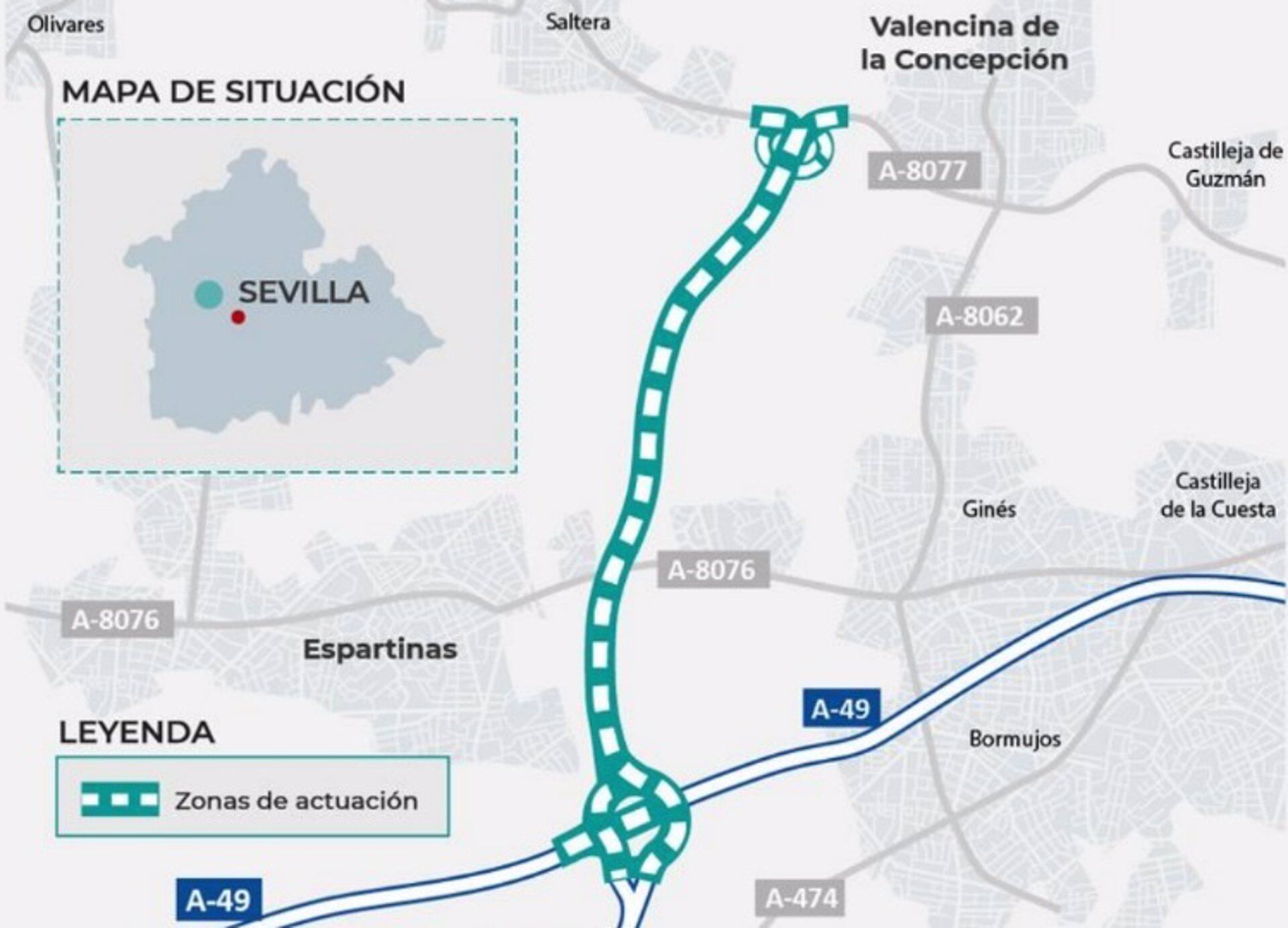 Mapa con el trazado del tramo Espartinas-Valencina de la SE-40 - MITMA