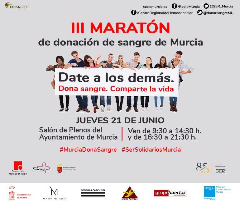 La III maratón de donación de sangre de Murcia tiene el lema: &quot;Date a los demás. Dona sangre. Comparte vida&quot;