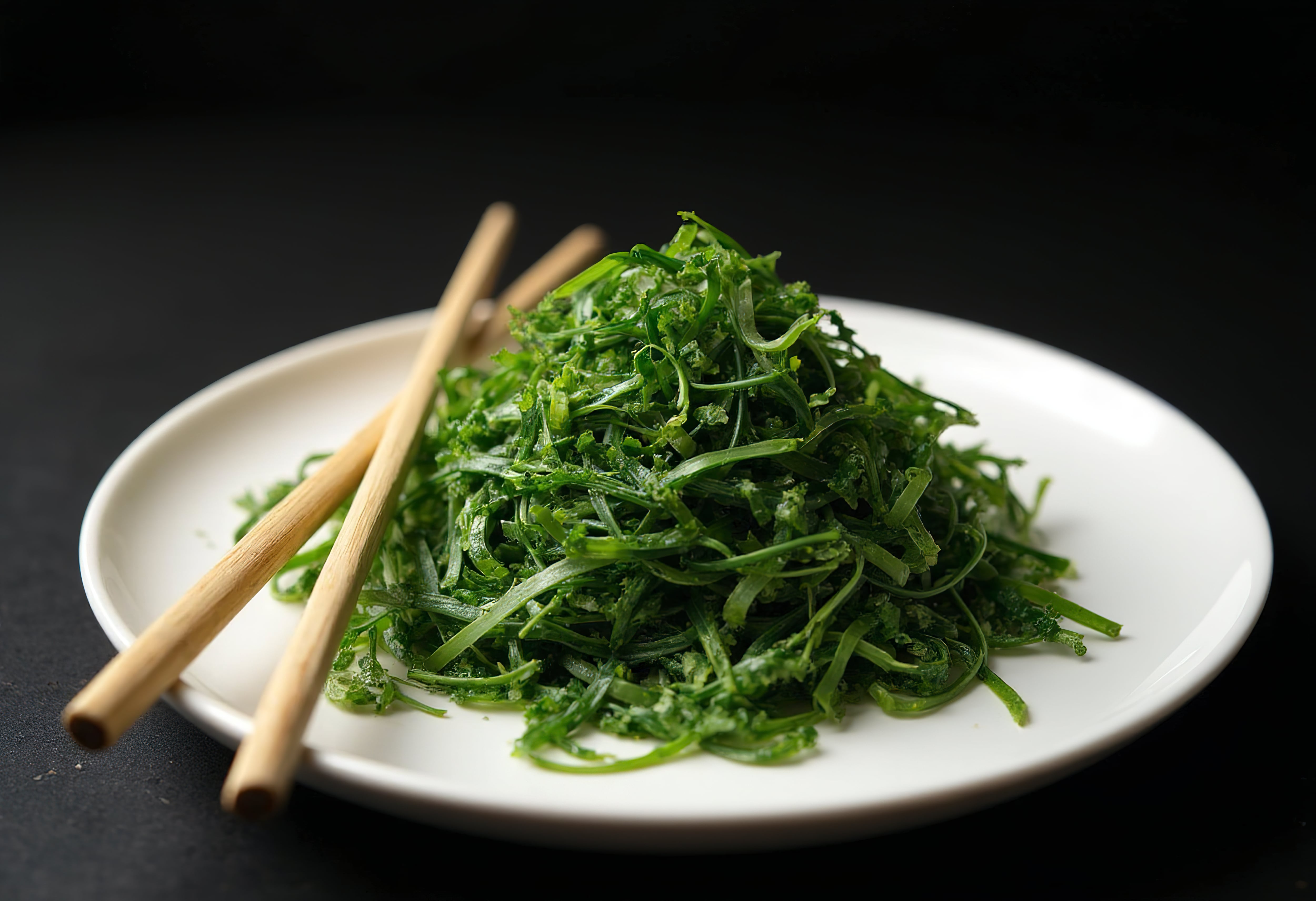 Green seaweed salad with chopsticks on a white plate against a black background