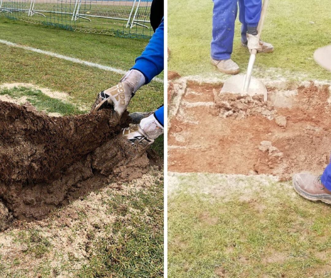 A la izquierda los jugadores de la Arandina muestra el lamentable estado del campo. A la derecha los operarios acaban los trabajos para dejar el terreno en perfectas condiciones.