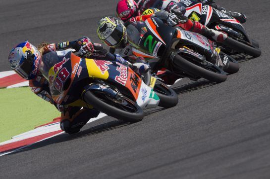 MISANO ADRIATICO, ITALY - SEPTEMBER 12: Karel Hanika of Czech and Red Bull KTM Ajo leads the field during the qualifying practice during the MotoGP of San Marino - Qualifying at Misano World Circuit on September 12, 2015 in Misano Adriatico, Italy. (Photo