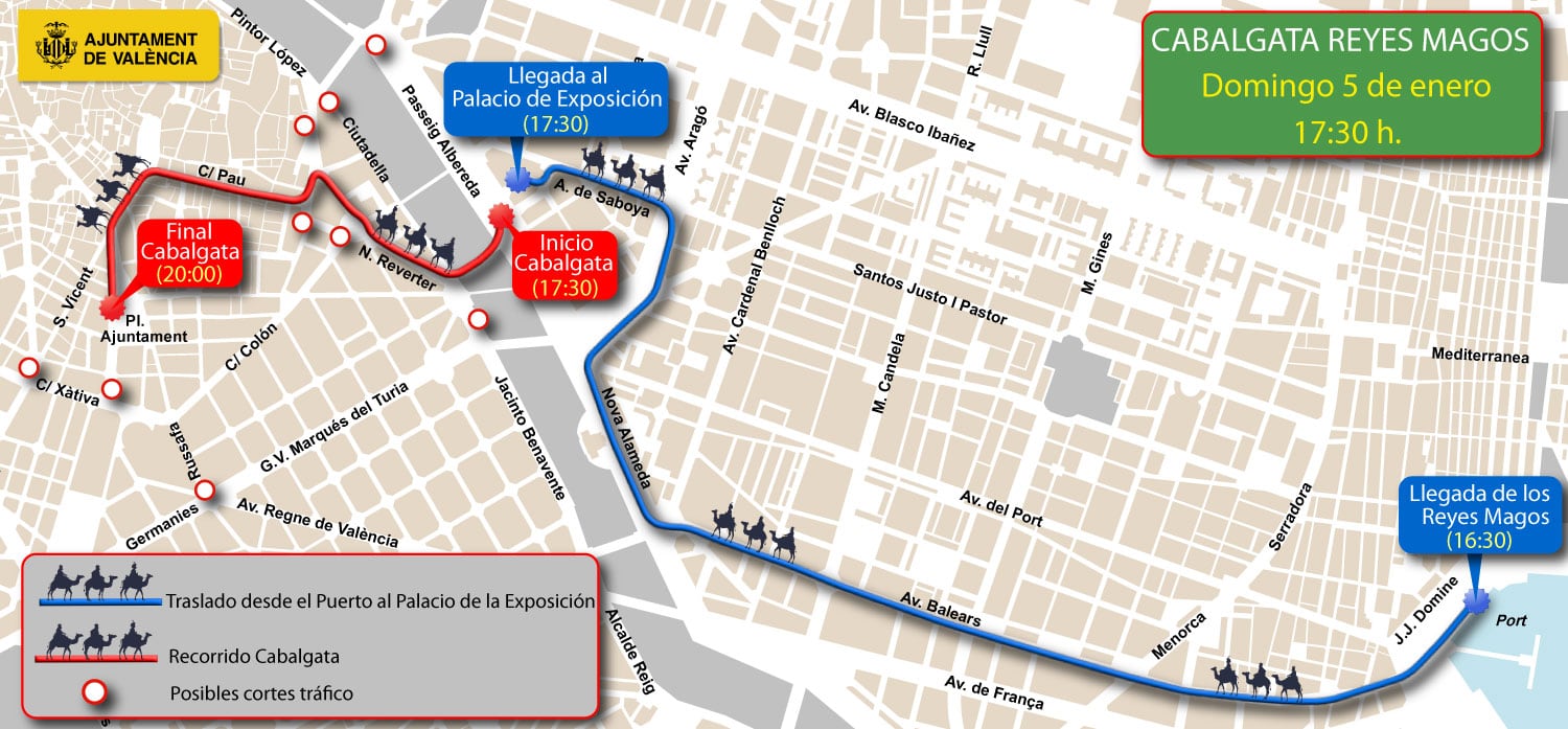 Recorrido de la Cabalgata de Reyes de València 2025