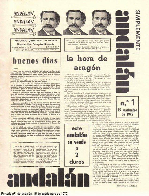 Primera portada de Andalán (15 de septiembre de 1972)