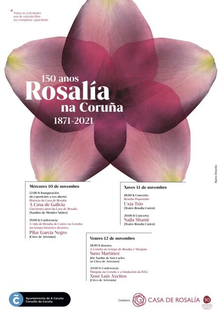 Cartel de las jornadas conmemorativas del 150 aniversario de la llegada a A Coruña de Rosalía de Castro