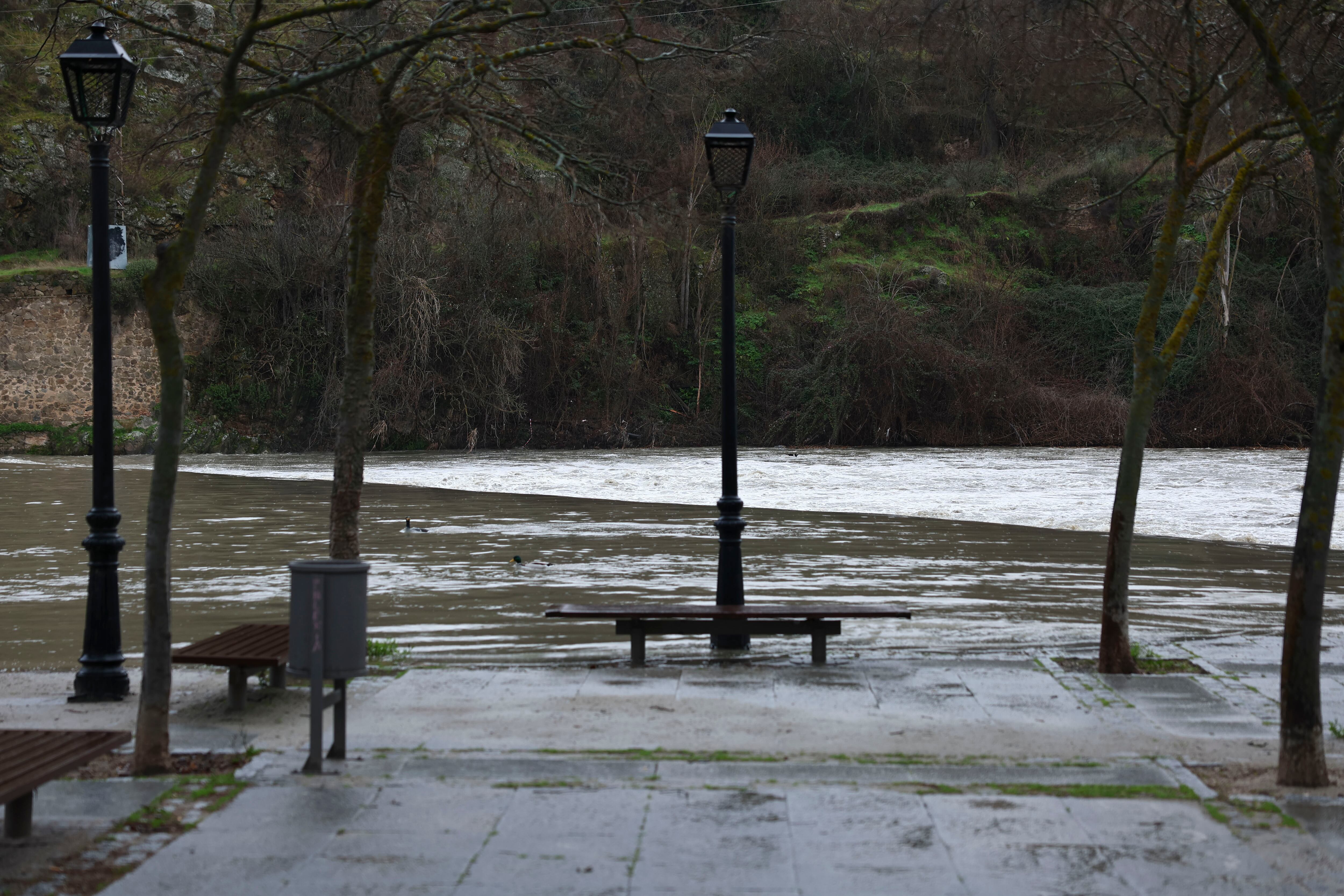 La crecida del rio Tajo inunda a su paso la senda ecológica de Toledo este viernes. Castilla-La Mancha está, desde este jueves, en fase de alerta ante el riesgo de inundaciones a raíz de las sucesivas borrascas, que han provocado cortes de carretera e incidencias relacionadas con el viento. EFE/ Ismael Herrero