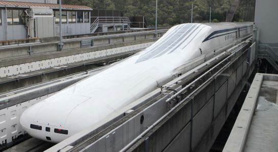 Central Japan Railway&#039;s seven-car maglev -- short for &quot;magnetic levitation&quot; -- train returns to the station after setting a new world speed record in a test run near Mount Fuji, clocking more than 600 kilometres (373 miles) an hour on April 21, 2015. The 