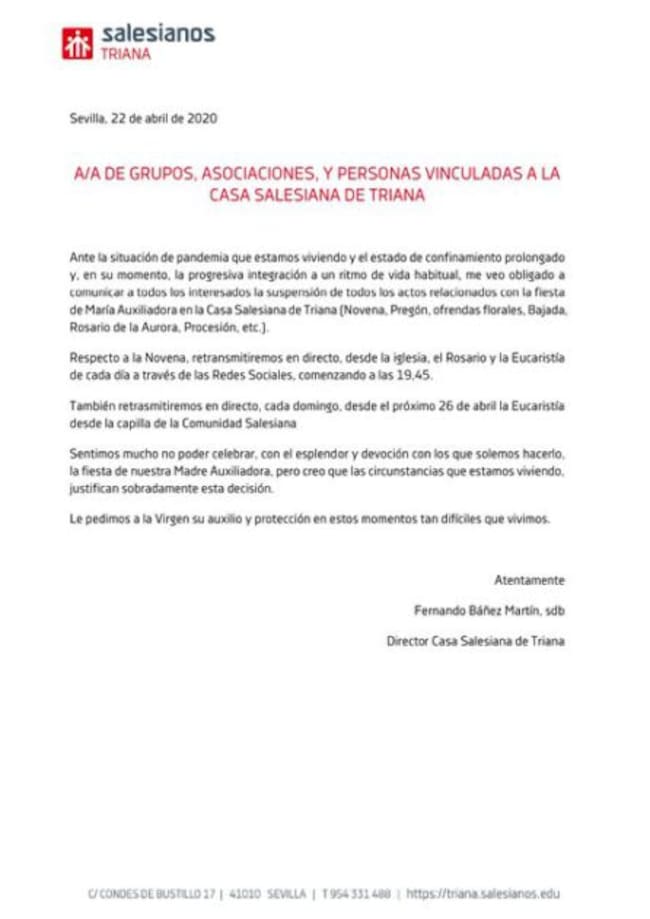 Comunicado de la Casa Salesiana de Triana