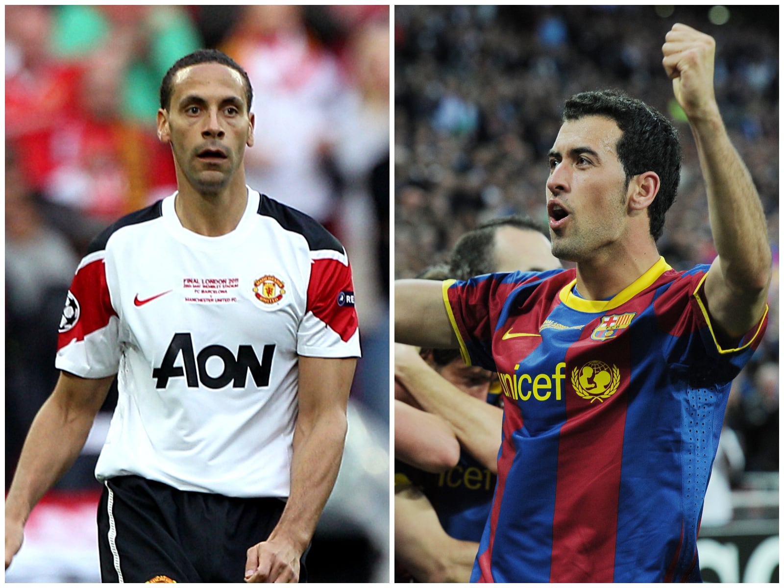 Fotomontaje con Rio Ferdinand (izda) y Sergio Busquets (dcha) con imágenes de la final de la Champions de 2011