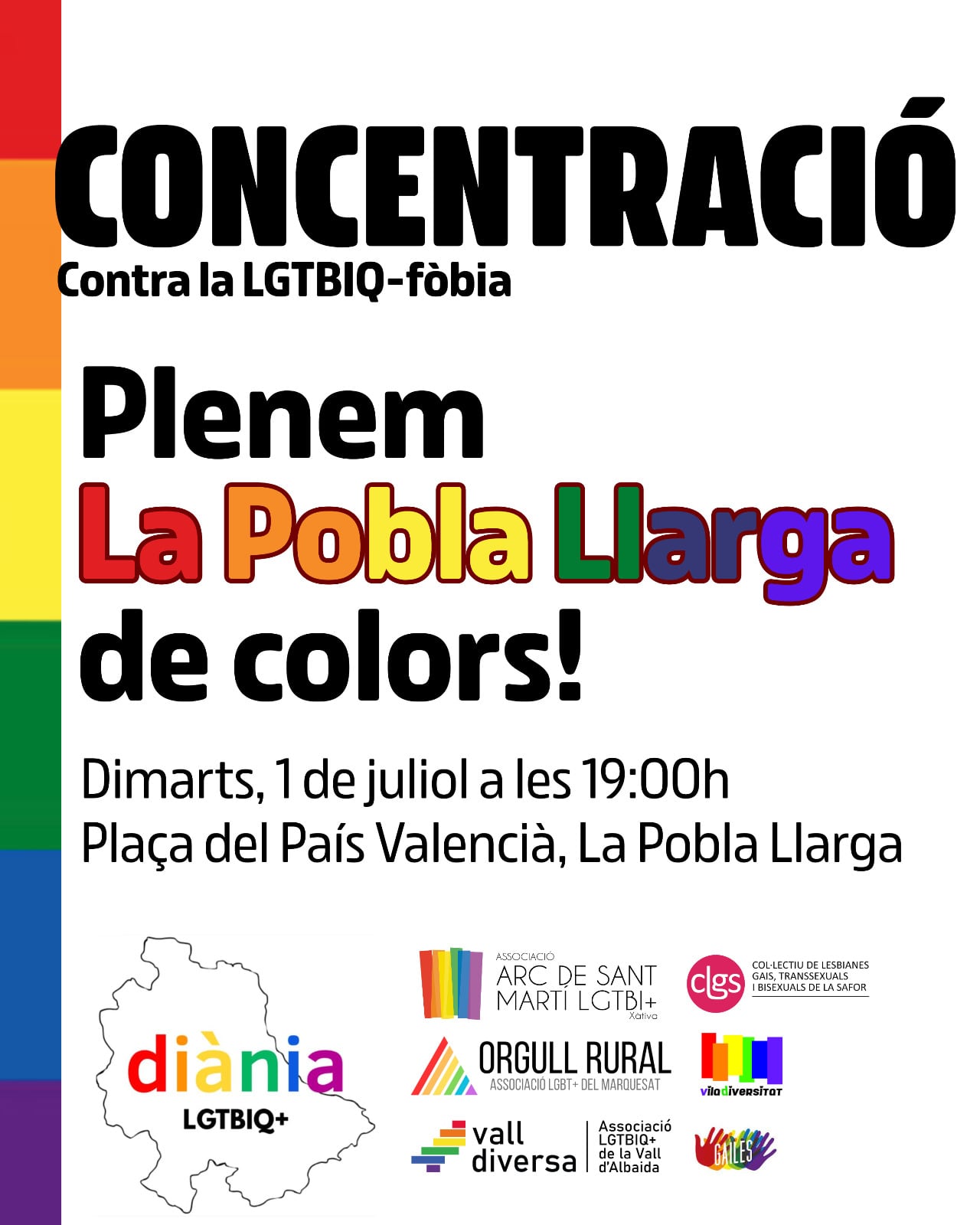 Cartel de la concetración contra la LGTBIfobia en La Pobla Llarga. Fuente: Diània LGTBIQ+