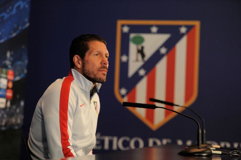 MADRID, SPAIN - APRIL 21:  Head coach Diego Simeone of Club Atletico de Madrid answers a question during his press conference at Estadio Vicente Calderon ahead of the UEFA Champions League, 2nd Leg match between Club Atletico de Madrid and Real Madrid on 
