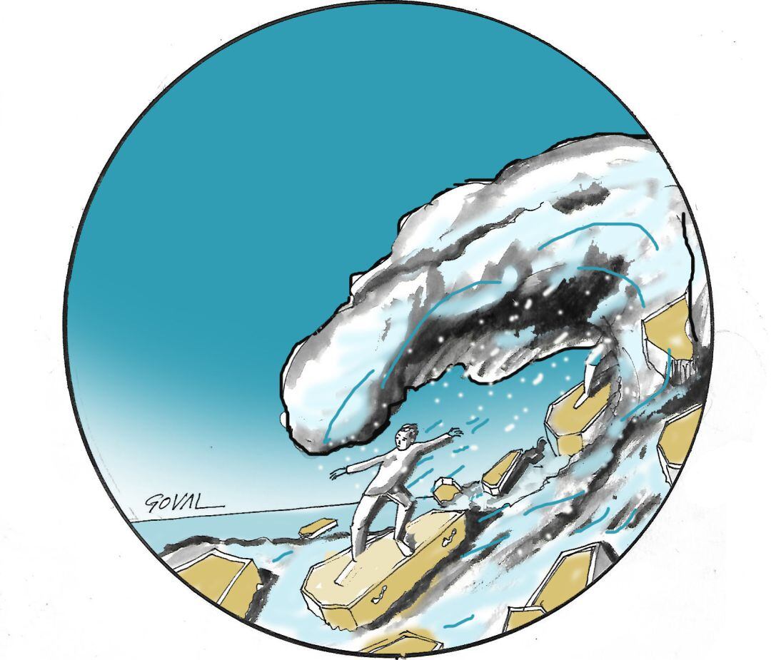 "Surfeando la segunda ola". Viñeta de Goval para el programa Hoy por Hoy Córdoba. Radio Córdoba Cadena SER