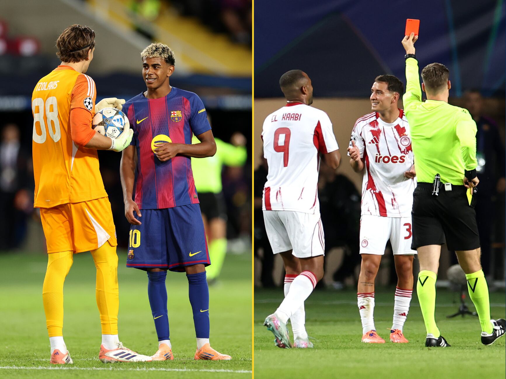 En un montaje, Tzolakis junto a Lamine Yamal y Hezze durante su expulsión