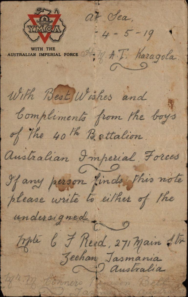 Éste es el documento original que enviaron los soldados australianos desde el barco en 1919