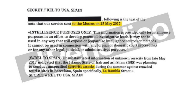 Carta del espionaje estadounidense a los Mossos.