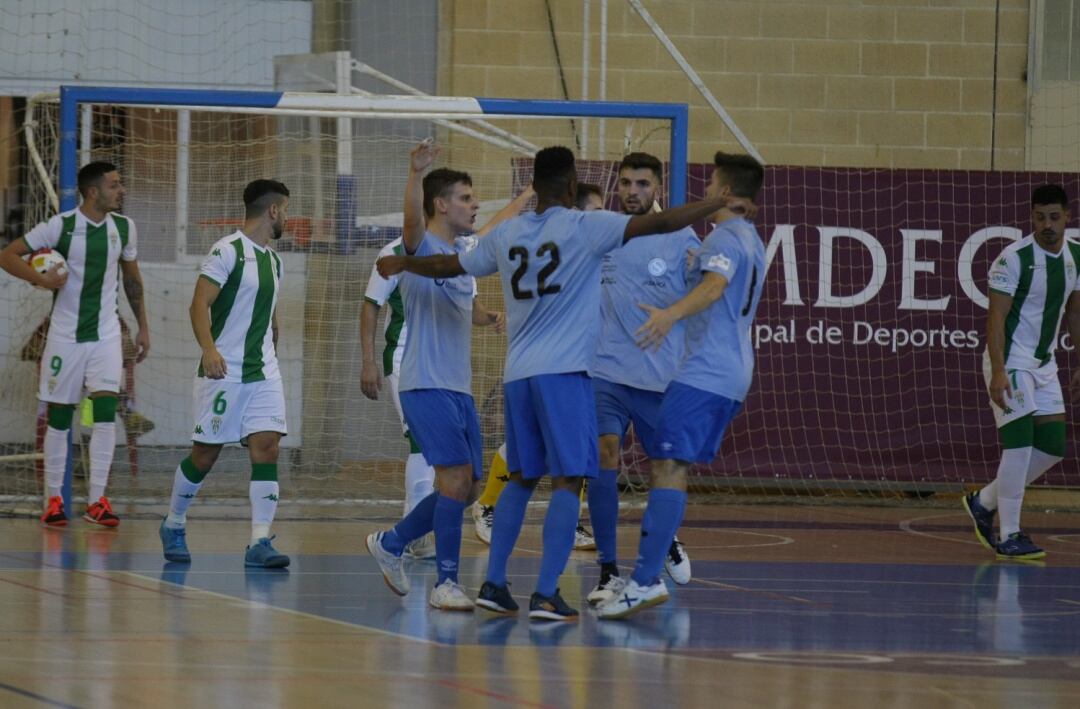 Los jugadores del Santiago Futsal celebra el tanto de Everton (22) en Córdoba