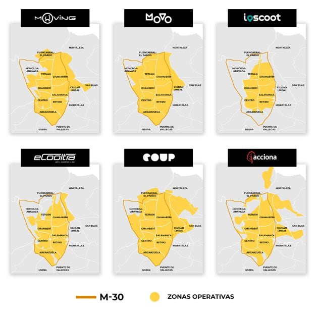 Zonas operativas de los distintos servicios de motosharing por minutos en Madrid.