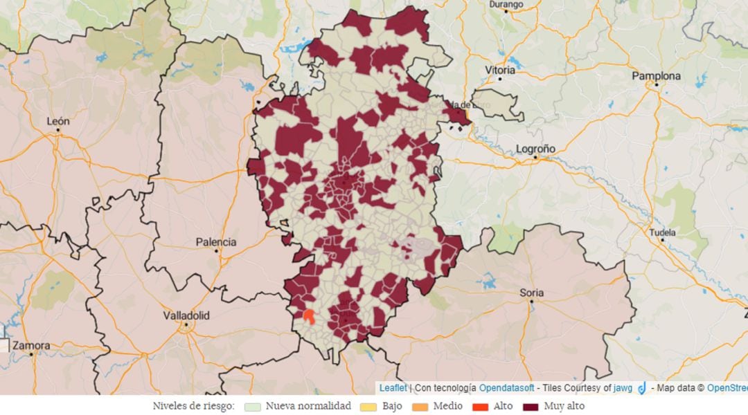 Mapa de municipios burgaleses afectados por nuevos casos en los últimos siete días