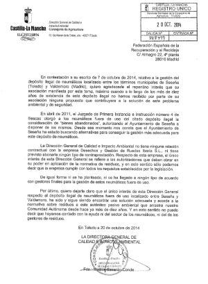 Carta de respuesta a la Federación por parte del Gobierno de Cospedal