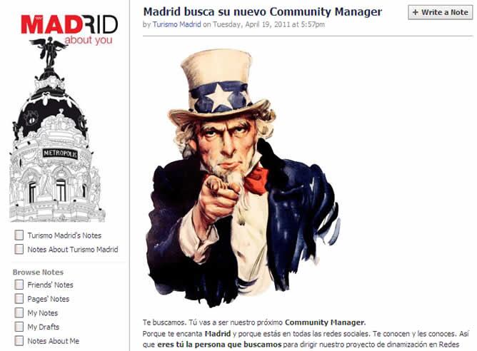 La oferta de  &#039;community manager&#039; de Turismo Madrid que se puede leer en Facebook