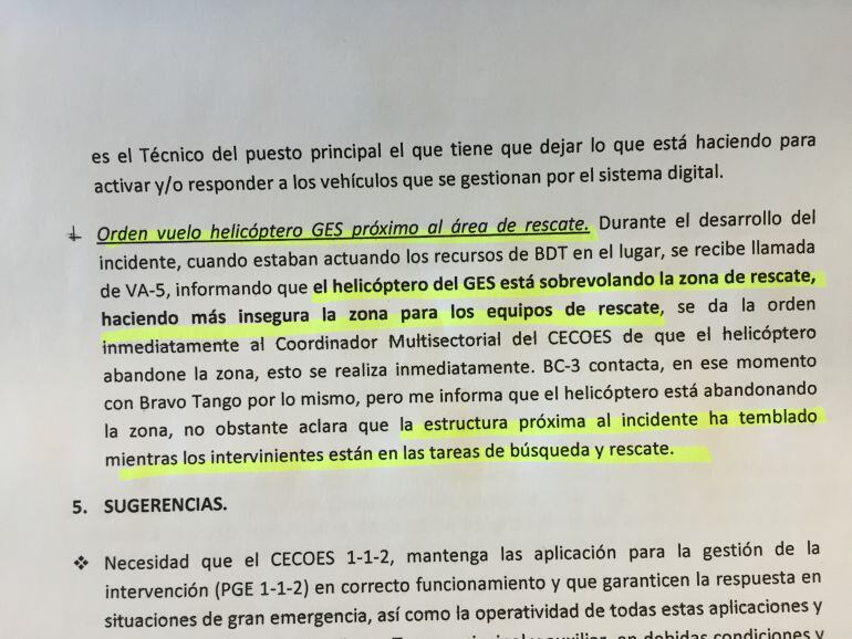 Fragmento del informe en el que se advierte de que el helicóptero del GES hizo mas insegura la zona de rescate. 