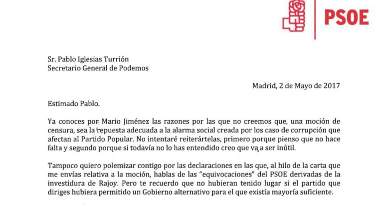 Carta remitida por el PSOE a Podemos.