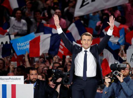 El candidato francés, Emmanuel Macron, en un acto de campaña