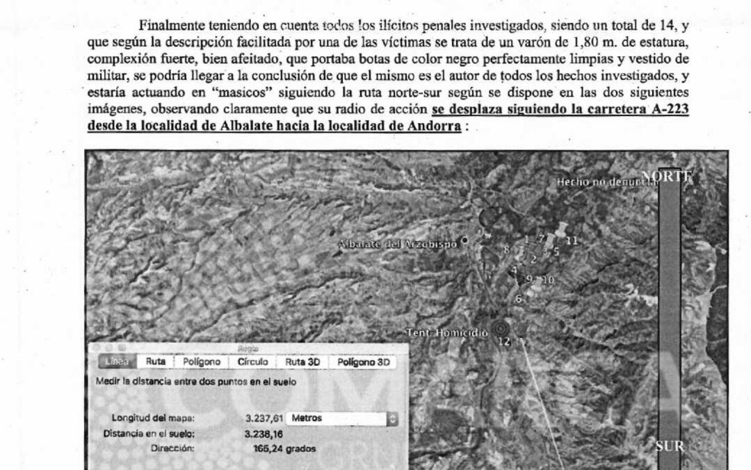 Imagen del informe de la Policía Judicial que concluye que el autor del tiroteo en Albalate es el mismo que sigue entrando a robar a otras casas de campo de la zona