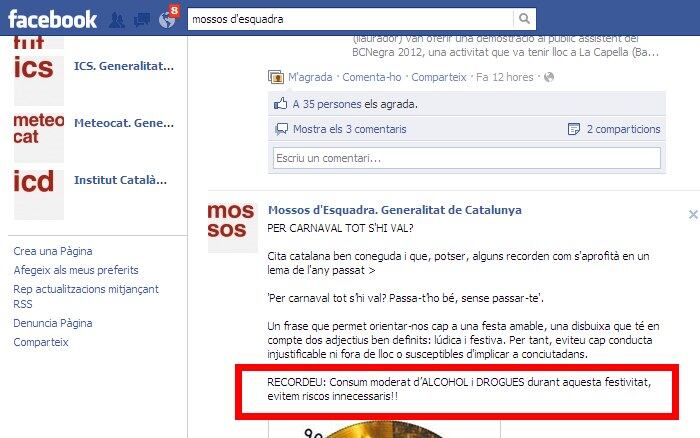 Captura de pantalla del polémico mensaje publicado en el Facebook de los Mossos d&#039;Esquadra