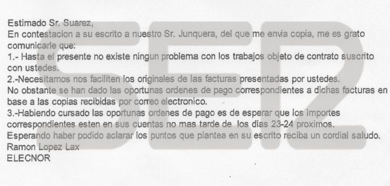 El representante de Castelino en España escribe a Junquera, exdirectivo de Elecnor. 