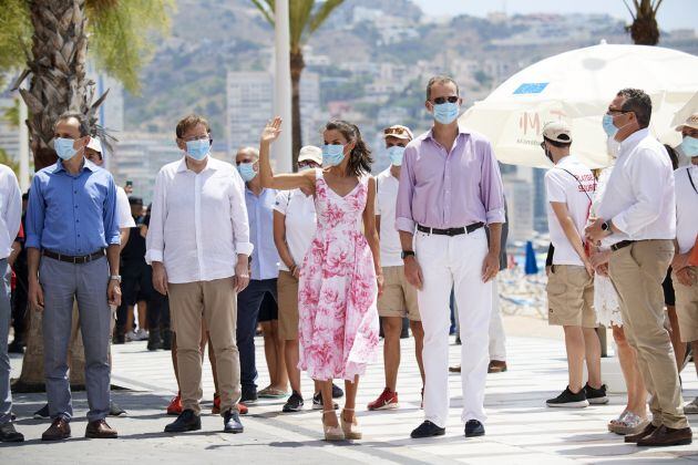 King Felipe VI of Spain and Queen Letizia of Spain walk through the seafront of Levantes beach on July 03, 2020 in Benidorm, Spain. This trip is part of a royal tour that will take King Felipe and Queen Letizia through several Spanish Autonomous Communities with the objective of supporting economic, social and cultural activity after the Coronavirus outbreak.