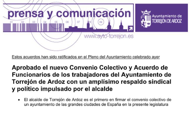 Nota de prensa que anunciaba la aprobación del nuevo convenio a mediados de febrero