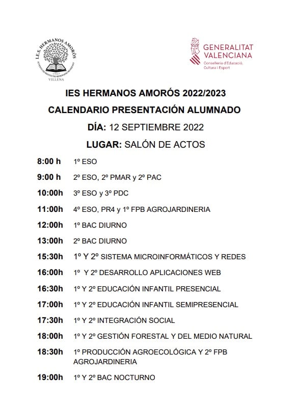 Calendario presentación alumnado