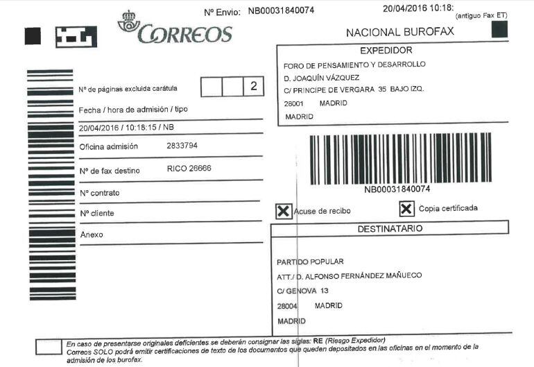 Burofax del Foro de Pensamiento y Desarrollo, dirigido al Partido Popular.