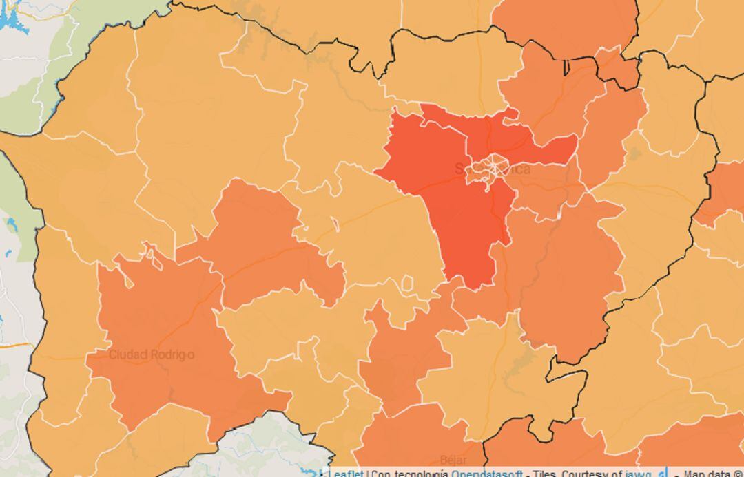 Mapa de la incidencia total del coronavirus en Salamanca.