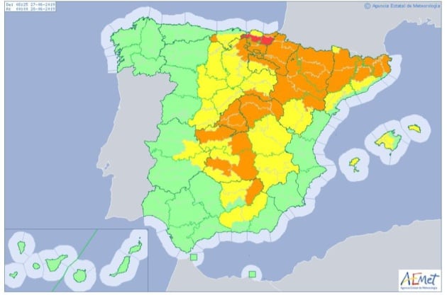 Mapa de alertas por altas temperaturas en el inicio de la ola de calor.